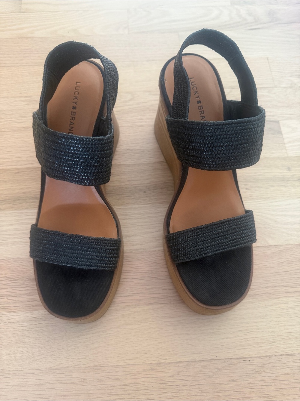 Lucky Brand Black Woven Elastic Back Wedge Sandals with Tan Platform